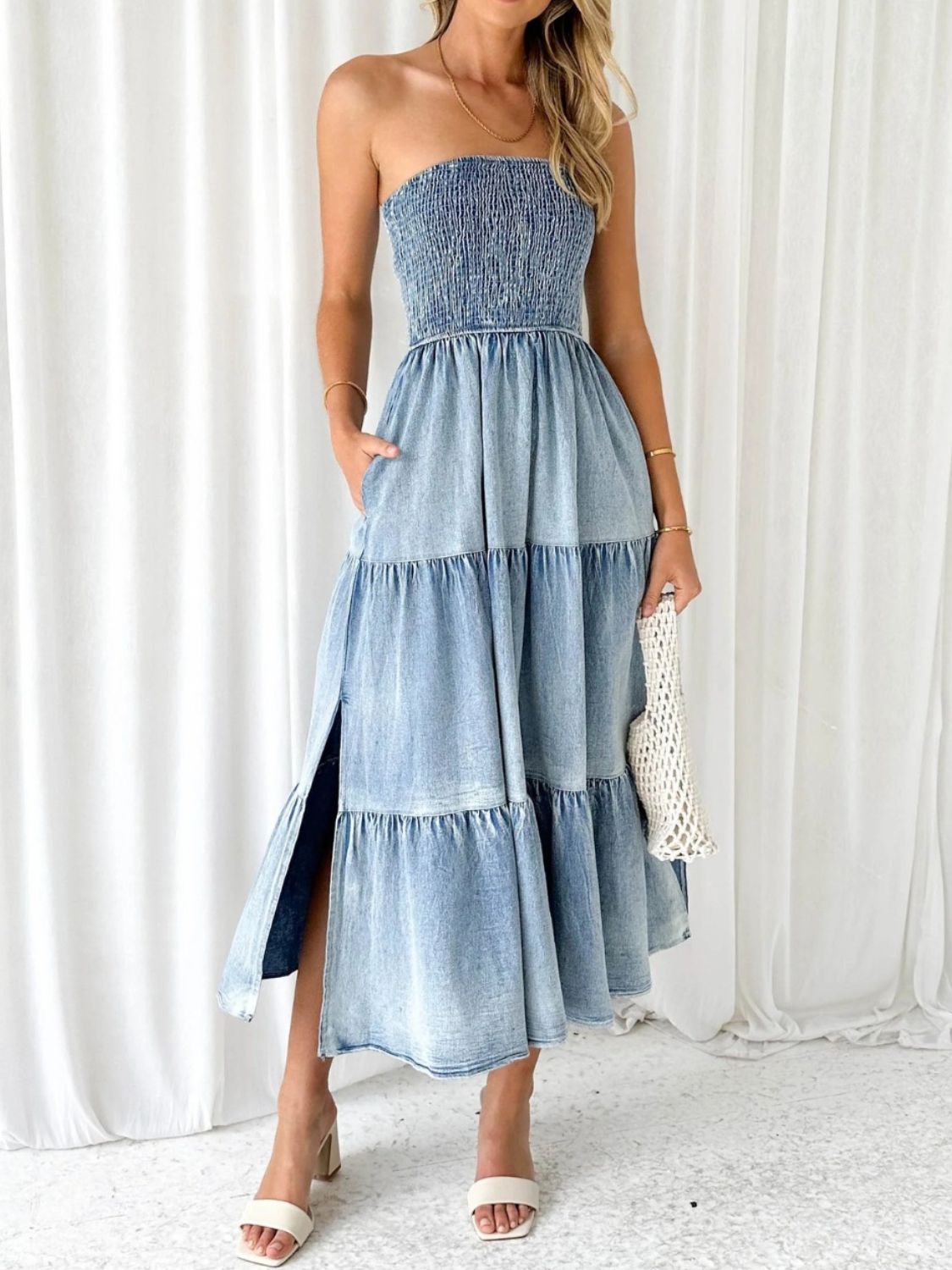 Slit Smocked Tube Tiered Denim Dress  #NOFILTERSISTERS