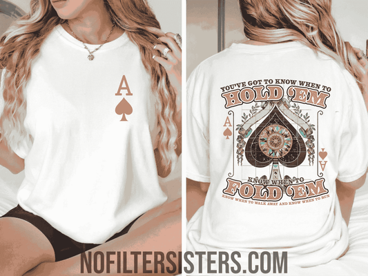 The ‘Hold em Fold em’ Graphic t shirt is here and show off your fashion! 🌟 This is a nice unisex tee available in sizes Small to 4X for an adequate fit