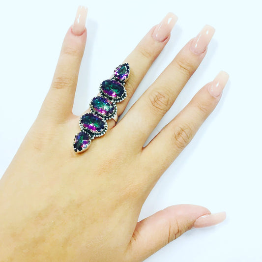 Mystic Fire Quartz Crawler Adjustable Ring