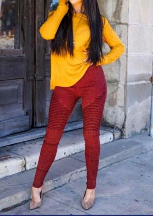 Acid Wash Moto Jeggings-Wine