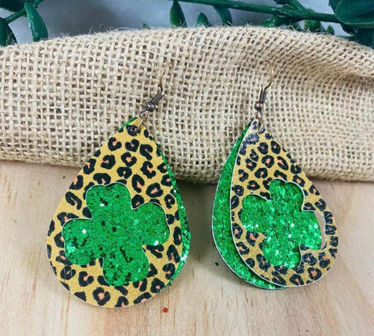 Lucky Shamrock Glitter Tear Drop Leo Earrings