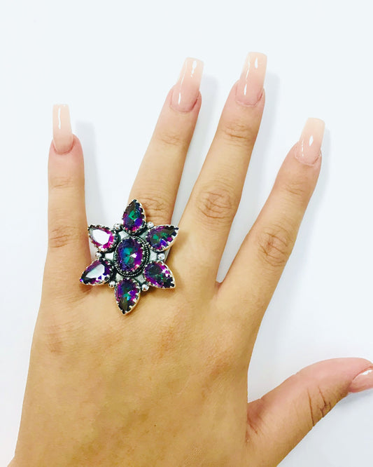 Mystic Fire Quartz Sterling Adjustable Flower Ring