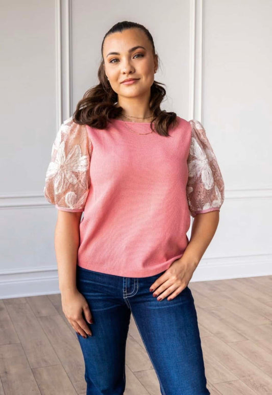 Midnight Pink Blossom Sequin Floral Puff Sleeve Blouse