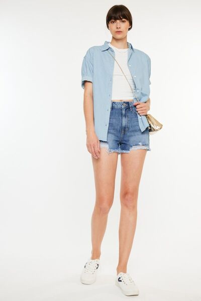 Women's High Waisted Jean Shorts: Distressed Raw Hem High Waist Denim Shorts are a trendy and edgy choice for those looking to add a touch of urban flair to their summer wardrobe.