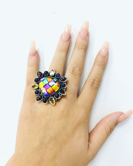 Exotic Dichroic Tear Drop Sterling Adjustable Ring